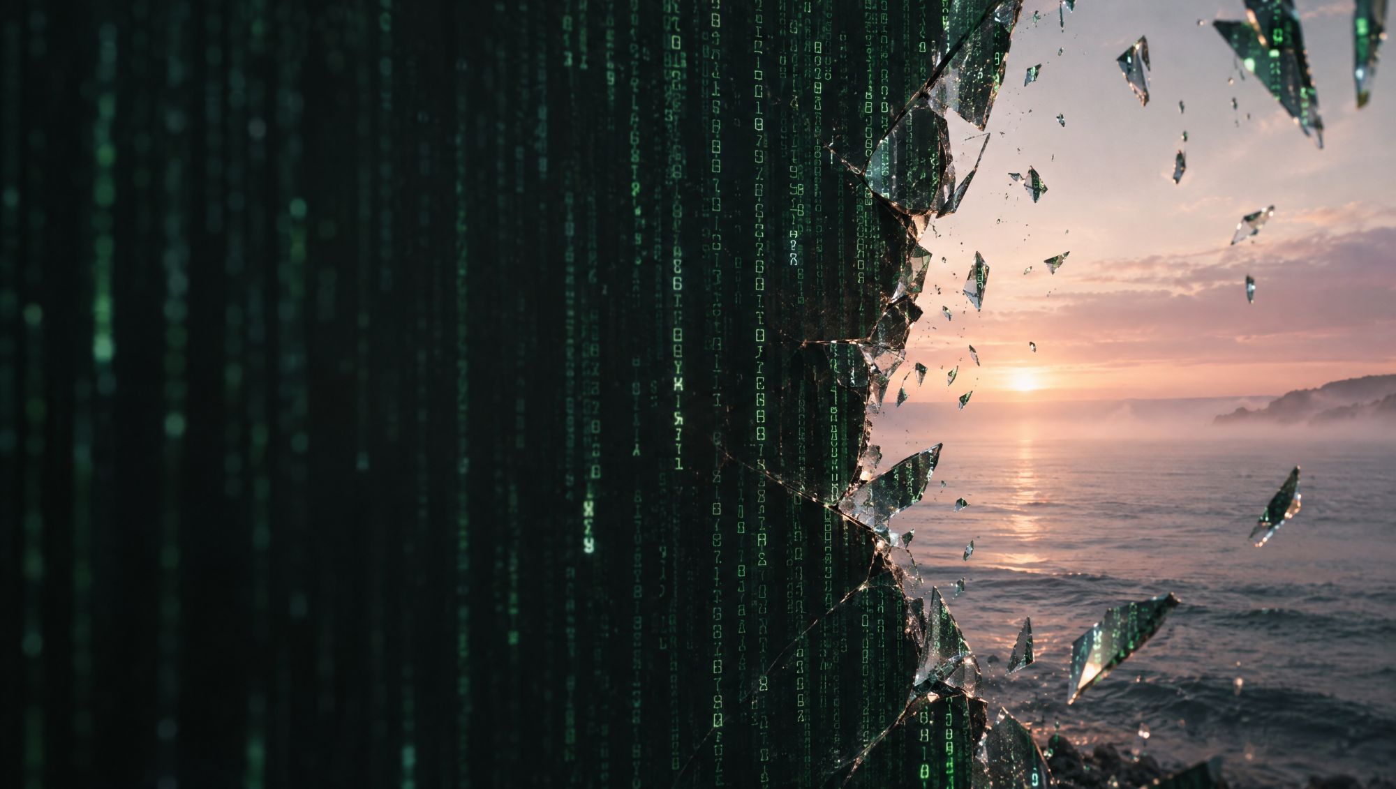 A pane of falling green code cracking open onto a calm ocean at dawn