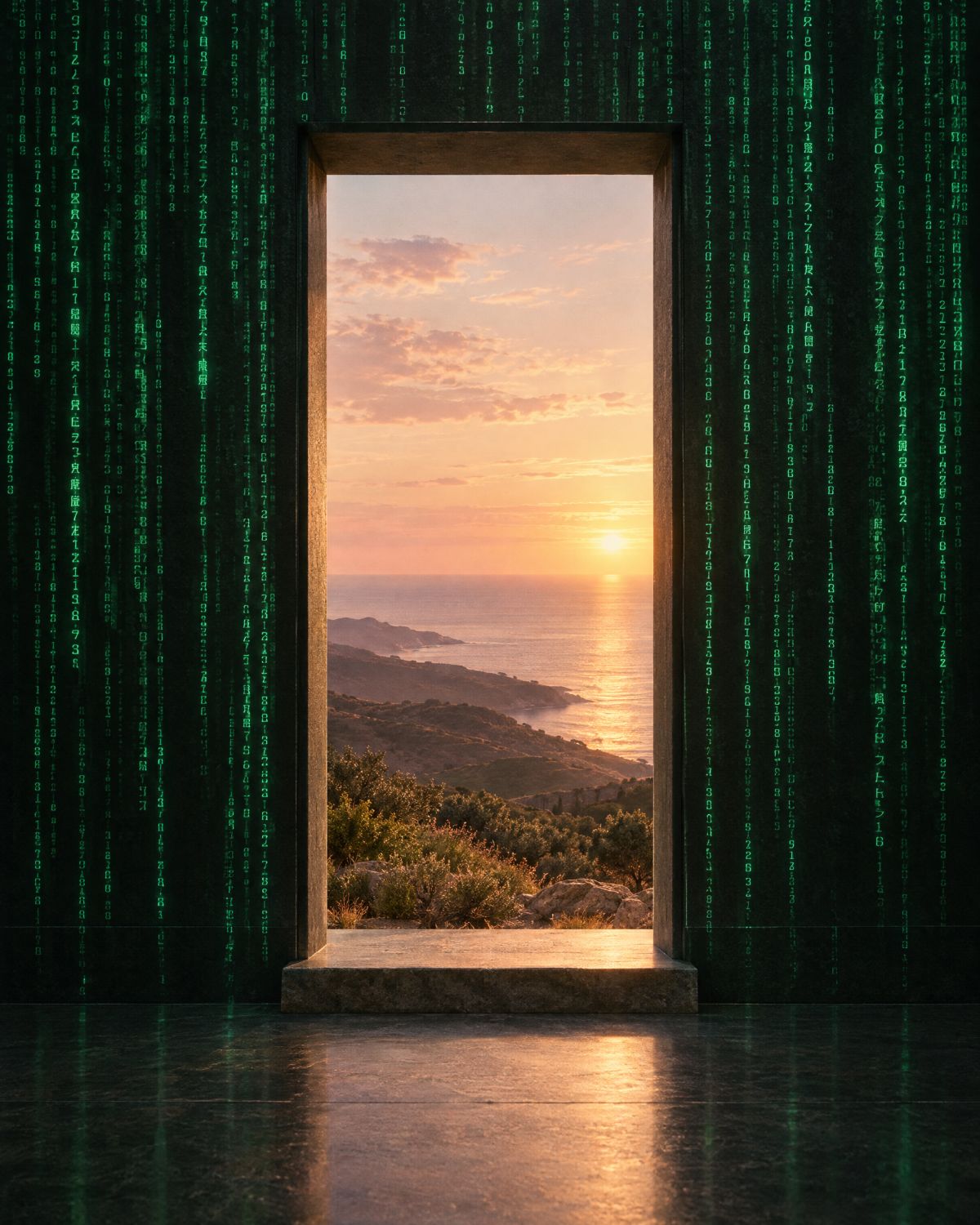 An open doorway in a wall of green code leading to a sunlit coastline
