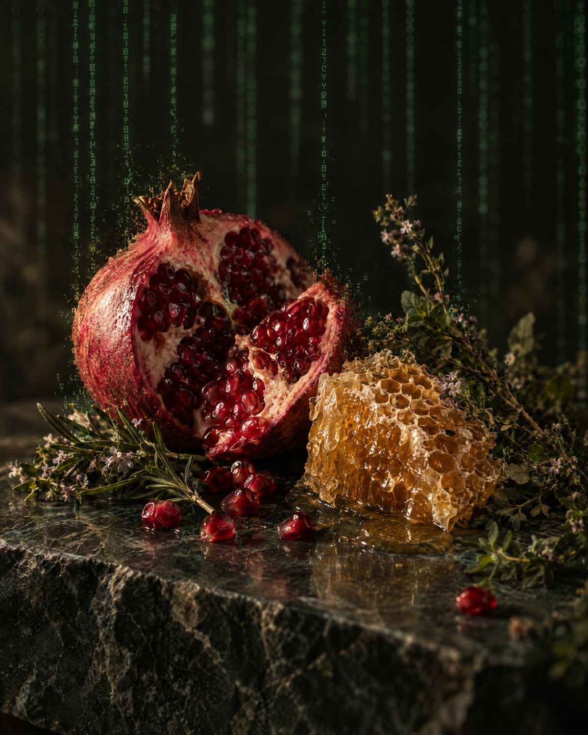 A split pomegranate, raw honeycomb and wild herbs where falling code dissolves