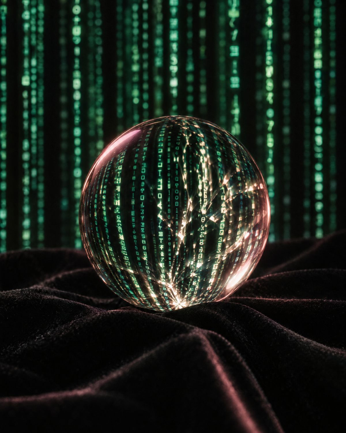 A crystal sphere on black velvet bending green code into light